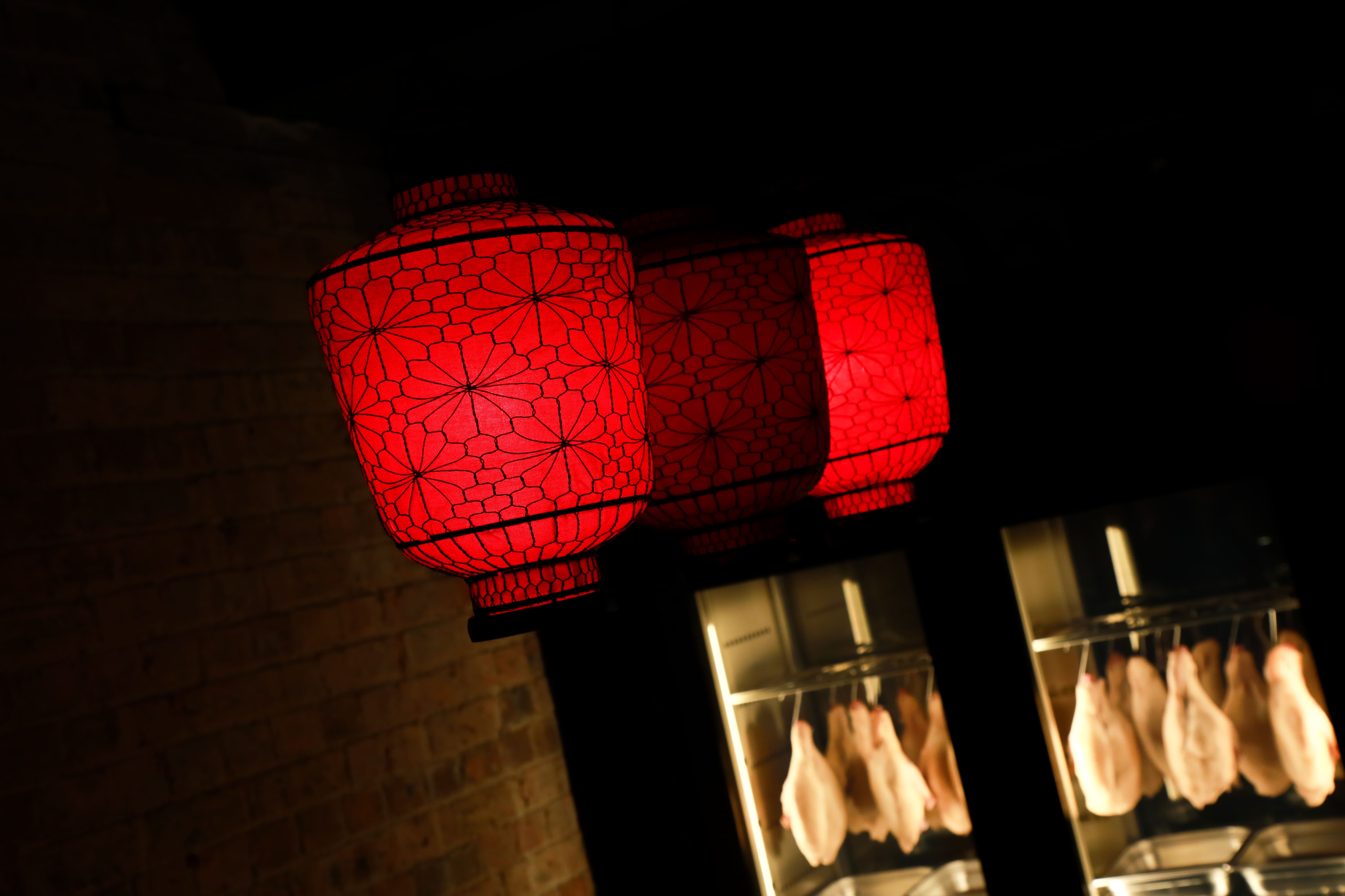 Red decorative lanterns with geometric floral patterns hanging in a dim interior, brick wall visible in the background.